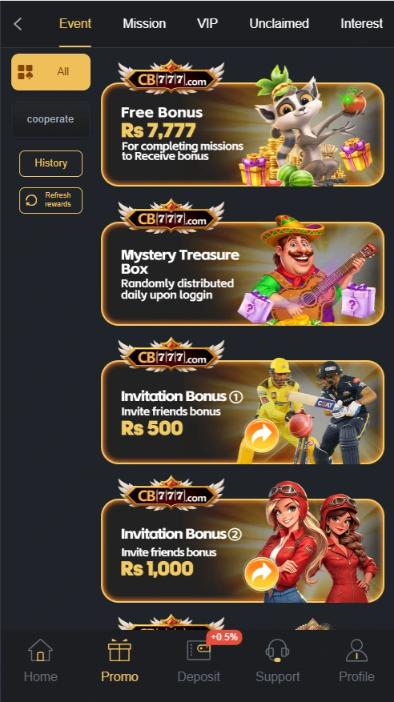 cb777 Game bonus rewards section